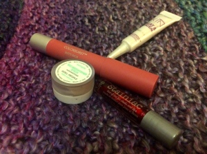 W3LL People's Bio Brightener Stick, the Balm's Staniac, Miracle Skin's Treat and Conceal Concealor, and Revlon's Colorburst Matte Balm in Elusive (205)